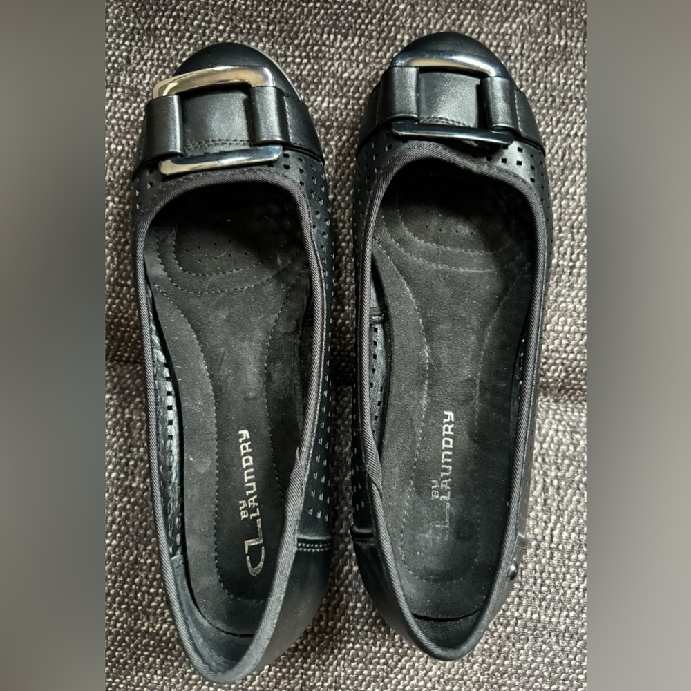 Black Flats with Fashion Buckle at Toe.  Size 7. New, never worn.
